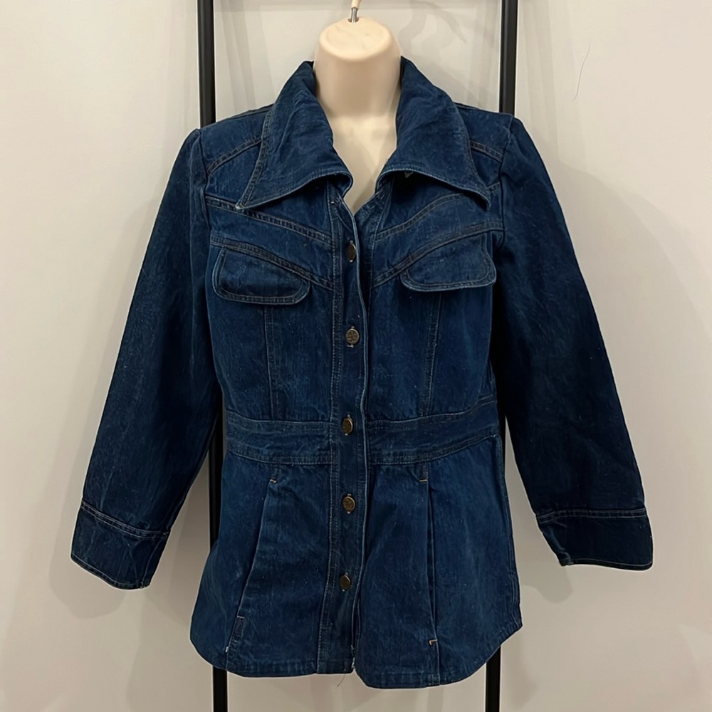 Vintage Denim Embroidered V-neck Blue Cotton Women Jacket Size 9/10 Y2K
